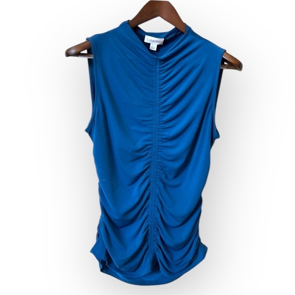 Calvin Klein blue sleeveless ruched top, stretchy jersey, teal blue, size Large